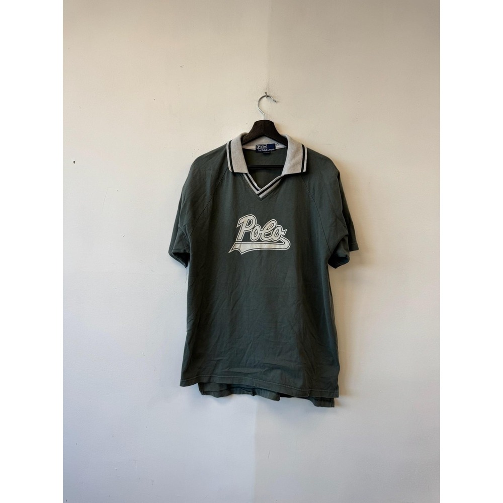 VTG Ralph Lauren Polo Shirt Mens Large Green Rugby Collar Spell Out Logo‎ Cotton